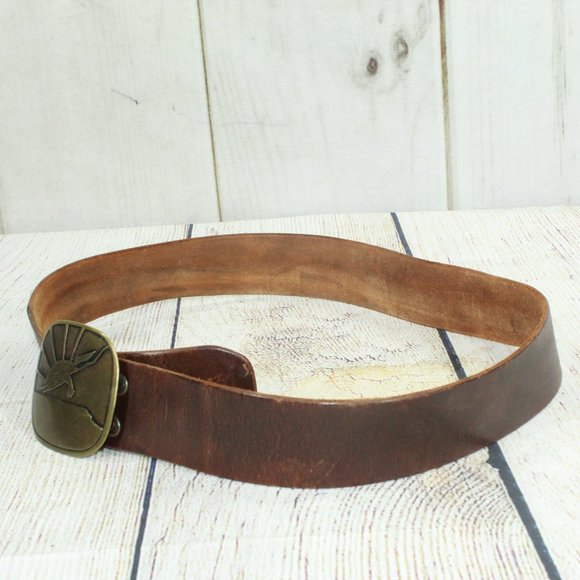 Vintage Brown Leather Belt with Solid Brass Eagle Buckle Size S - Picture 10 of 12